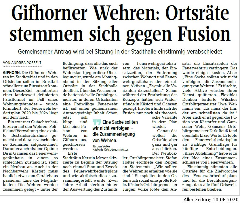Read more about the article Stadtfeuerwehr soll alle fünf Ortsfeuerwehren behalten